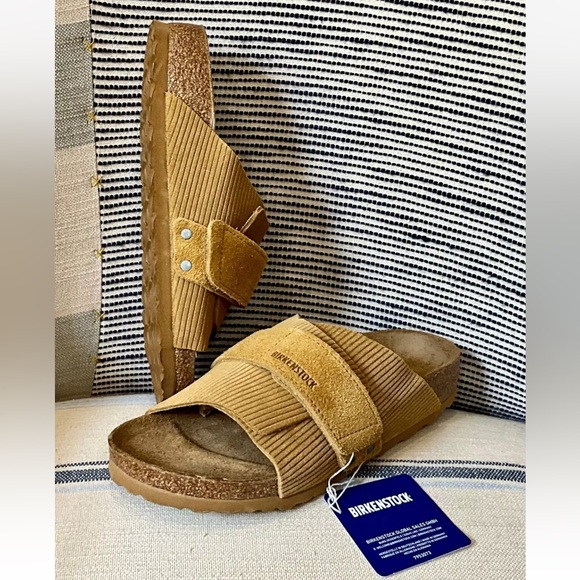 Birkenstock Shoes - Birkenstock Kyoto Slide Sandal Suede Embossed Corduroy Cork Brown